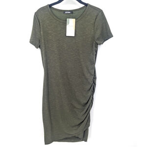 BTFBM Dress Womens Small Olive Green Ruched Bodycon T-Shirt‎ Mini Casual Comfort